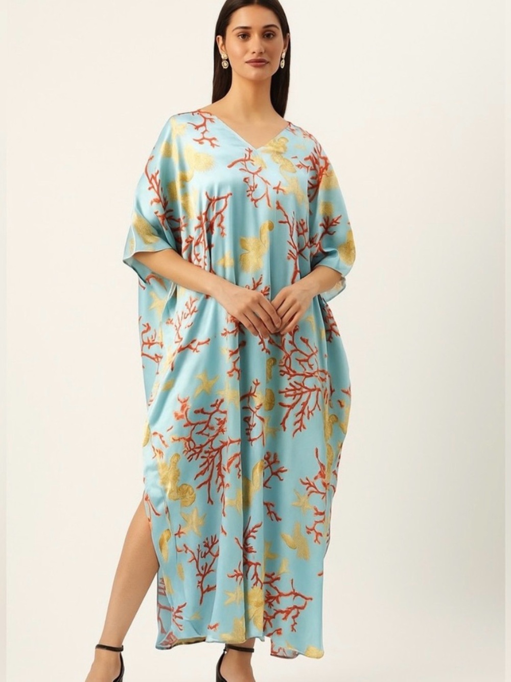 Winlar Analucia Long Satin Caftan Lounger OSFM beach novelty shells coral comfy